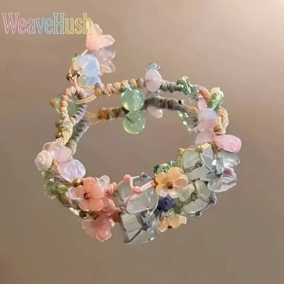 Women's Handmade Boho Style Beaded Bracelet - Adjustable Rope Band with Natural Stone Beads & Crystal Flower, Adult Female Leisure Outdoor Accessory for Daily Wear, Boho Style Bracelet, Beaded Bracelets