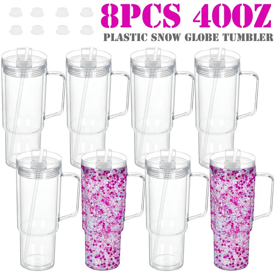 8-Pack 40oz Solid Modern Reusable Double-Wall Acrylic Snowglobe Tumblers - Pre-Drilled Handle, BPA-Free, Glitter-Ready, Silicone Stopper for DIY Crafts, Home Kitchenware Drinkware