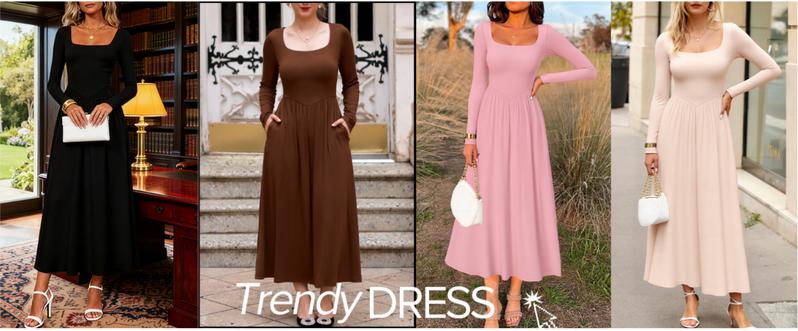 ZESICA Fall Dresses for Women 2025 Elegant Classy Square Neck Long Sleeve Flowy Wedding Guest Party Midi Dress