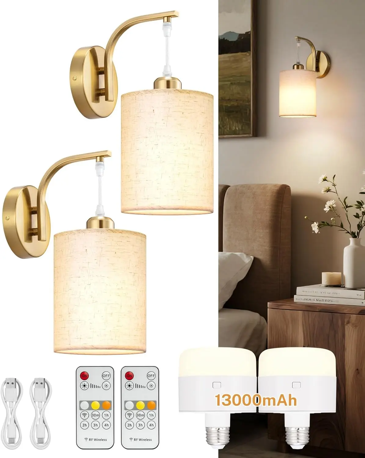 Glitnous Rechargeable Indoor Wall Home Decor Light Kit Set - 2 x Wall Lamps, 2 x Remote Controls, 13000mAh Battery, Gold/Black, Adjustable Light Temperature, Dimmable, Non-Hardwired, Charge Status LED, Bedroom Nightlight