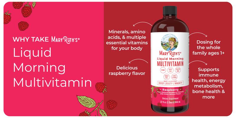 MaryRuth's Liquid Morning Multivitamin - B Complex Vitamins - Vitamins A, C, D, E -  Zinc - Beauty - Vegan - Sugar Free - 32 Fl Oz