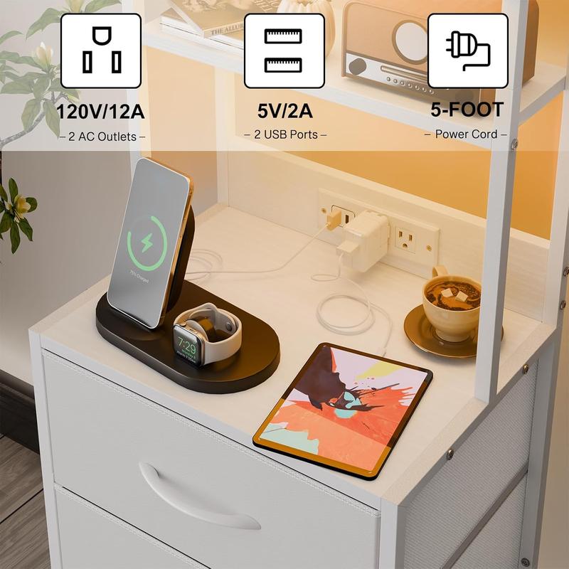 Tall Nightstand with Charging Station, 41 Inch Led Night Stand with U-S-B Port & Socket, 3 PU Finished Fabric Storage Drawers, Office, Bed Side Table & Bookshelf in One, White