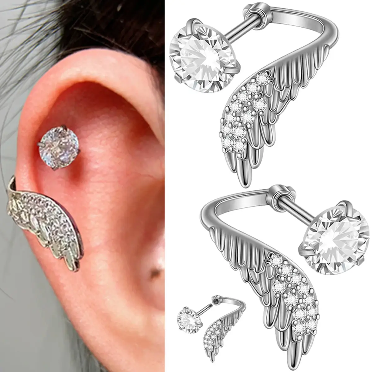 Unisex Angel Wing Ear Cartilage Studs - Hypoallergenic CZ Earrings, Metal-Coated Hip-Hop Piercing Jewelry with Secure Screw-Back Closure