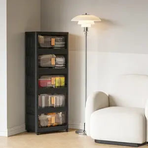 20" Wide Folding Storage Cabinet 1/5-Tier – Collapsible Storage Bins with Magnetic Door & Wheels | Space-Saving Plastic Storage Cabinet for Bedroom, Living Room, Entryway, Dorm, Office | Portable Organizer Cabinet with Easy Assembly, Thickened PP Materia