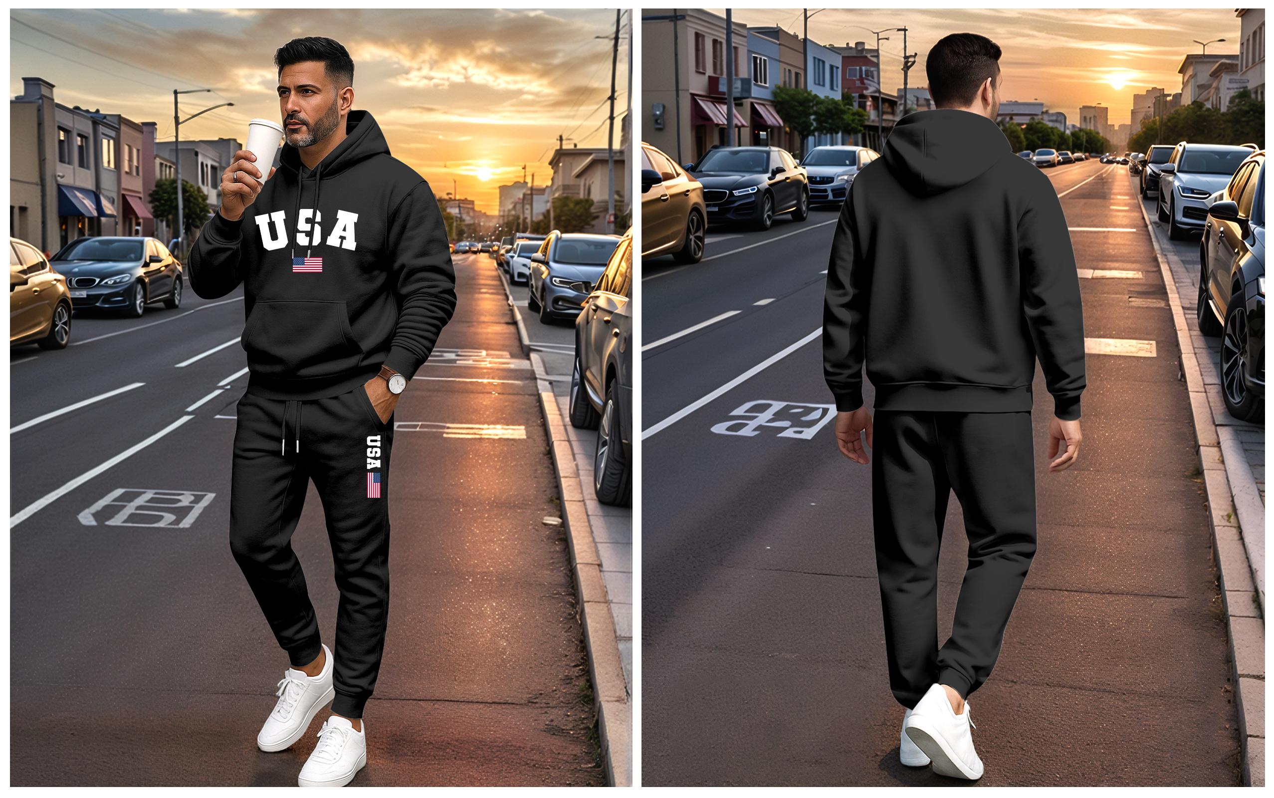 Men's USA Letter Printed Hoodie & Drawstring Sweatpants Set Casual Athletic Long Sleeve Hooded Jacket & Trousers for Fall Winter Spring Autumn 100% Polyester Tracksuit Athleisure