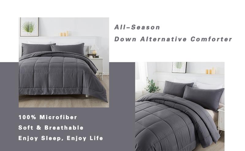 DOWNCOOL 3pcs Lightweight Comforter Set for All Seasons, Bed in a Bag with 1 Comforter & 2 Pillowcases (Only 1 for Twin Size), Quilted Box-Stitch Design