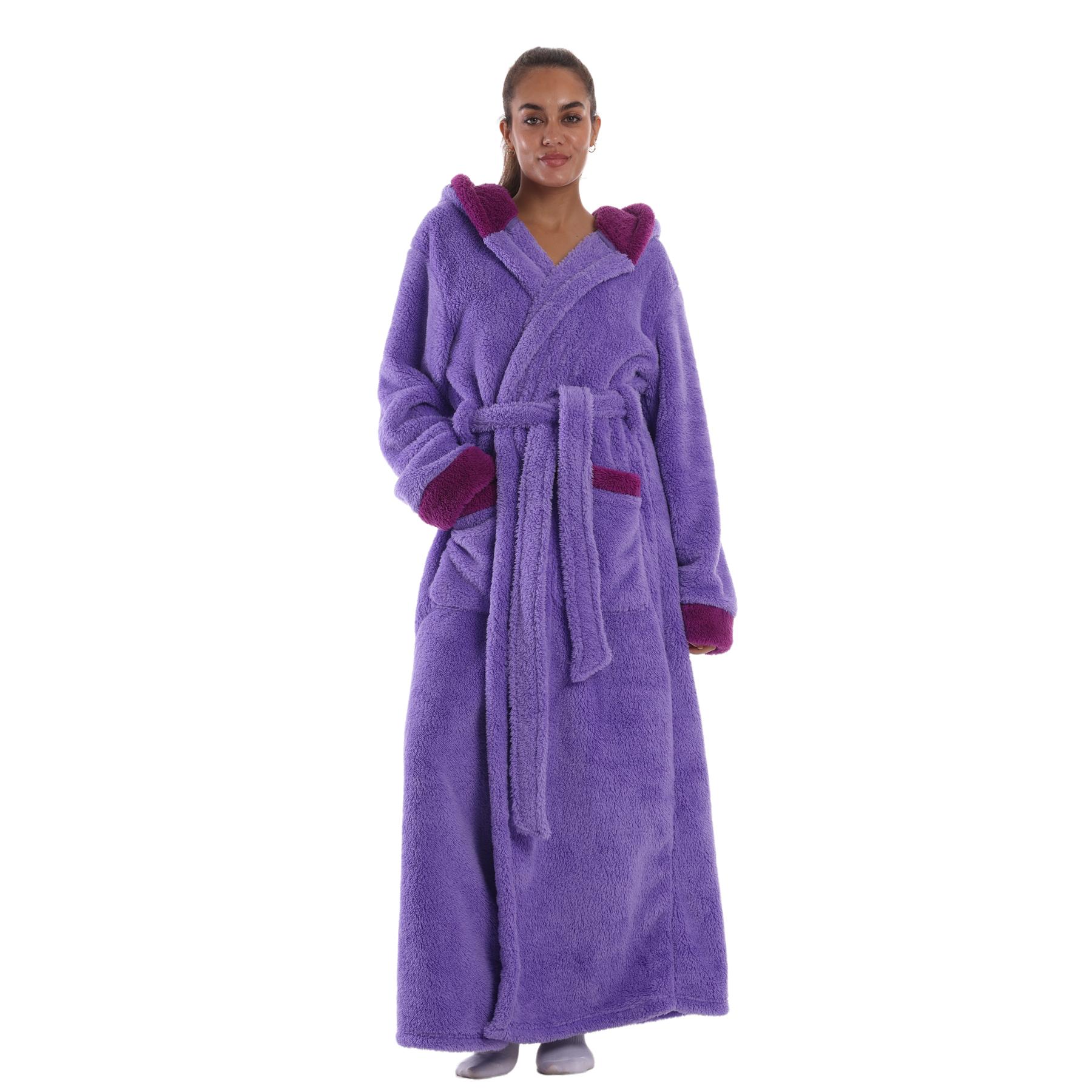 Msrlassn Cozy Soft Flannel Bathrobe Lined Color Block Hooded Robe for Women Thickened Long Sleeve Pyjamas Cute Print Home Sleepwear ,One Size Fit Most, February Stock Up