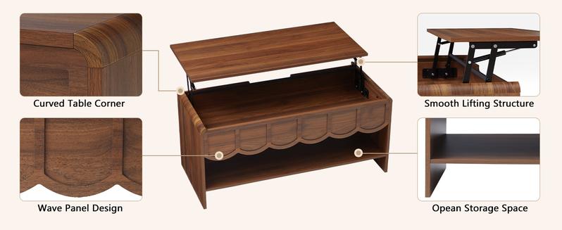 Giratree 39.37" Lift Top Coffee Table with Hidden Compartment, 2 Tier Wooden Center Table with Wave Panel, Modern Lift Tabletop for Home Living Room Office, Walnut