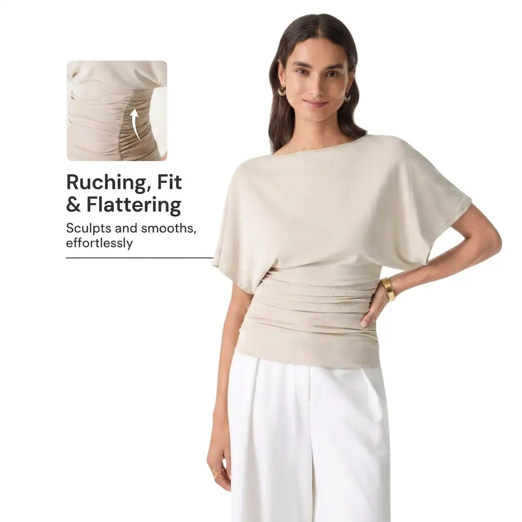 OGL Women's Boatneck Batwing Sleeve Top - Sandwashed Modal Side Ruched Flattering Shirt Quiet Luxury Wrinkle-Resistant Spring Summer half sleeve tee fashionnova Blouses Womenswear