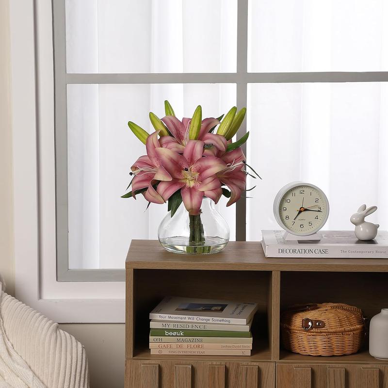 6-Pack Realistic Silk Lilies Artificial Flowers with Glass Vase – Lifelike Faux Lily Bouquet for Home Wedding Office Decor,No Maintenance,Bendable Stems,Ready to Display