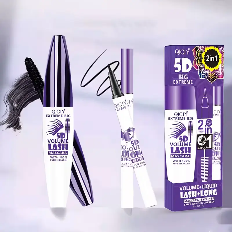 2-in-1 Mascara & Eyeliner Duo - 5D Volumizing Lengthening Formula, Waterproof 24-Hour Wear, Dramatic Lashes, Long Lashes Mascara, Ideal for Long Workdays and Events, Convenient Cosmetic Package