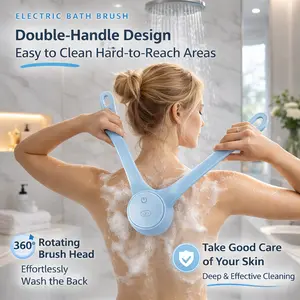 Rechargeable Electric Body Scrubber, Waterproof 360° Rotating Shower Brush with Dual Grip Handles, Full Body Bath Brush with 4 Detachable Heads for Deep Cleansing