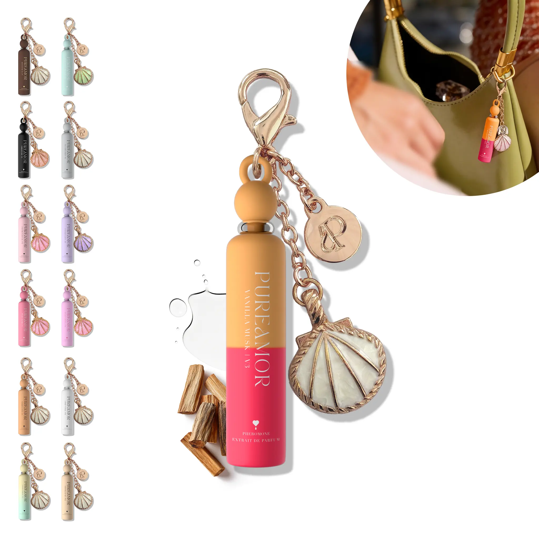PureAmor Cute Mini Keychain Pheromone Perfume, Extrait De Parfum 2ml(0.07 fl oz), Long Lasting Perfumes, Designer-Inspired, 14 Scents (Vanilla, Floral,Woody), Unique Gifts, Accessories for Women, Mini Travel Products, Summer outifit, Purse, Long Lasting W