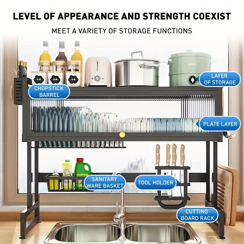 Multi-Functional Kitchen Storage Rack with Cabinet Door Access - Black Metal Countertop Organizer for Dishes, Utensils, and Cookware with Drain Tray, Towel Holder, and Spice Shelf, Sink Storage Solution Functional Kitchen Accessory