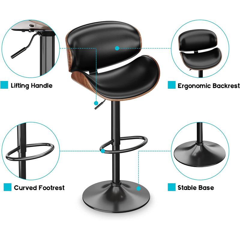 Aowos Bar Stools for Kitchen Counter, Adjustable Bentwood Barstools, Modern PU Leather Upholstered Bar Chair with Back and Footrest, Kitchen Chair, for Bar, Kitchen, Dining Room