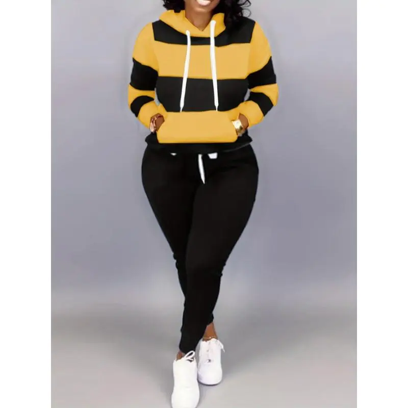 Plus Size Casual Outfits Two Piece Set, Women's Colorblock Stripe Print Long Sleeve Drawstring Hoodie Sweatshirt & Joggers for Wear, Coord Set, Outerwear, Versatile, Comfort, Style, Outfit, Essential, Trendy
