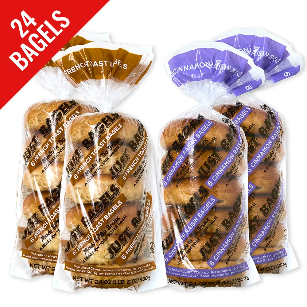 Just Bagels 12 French Toast and 12 Cinnamon Raisin Bagels Non-GMO Authentic New York Style Chewy Crunchy Bagels Made in Da Bronx