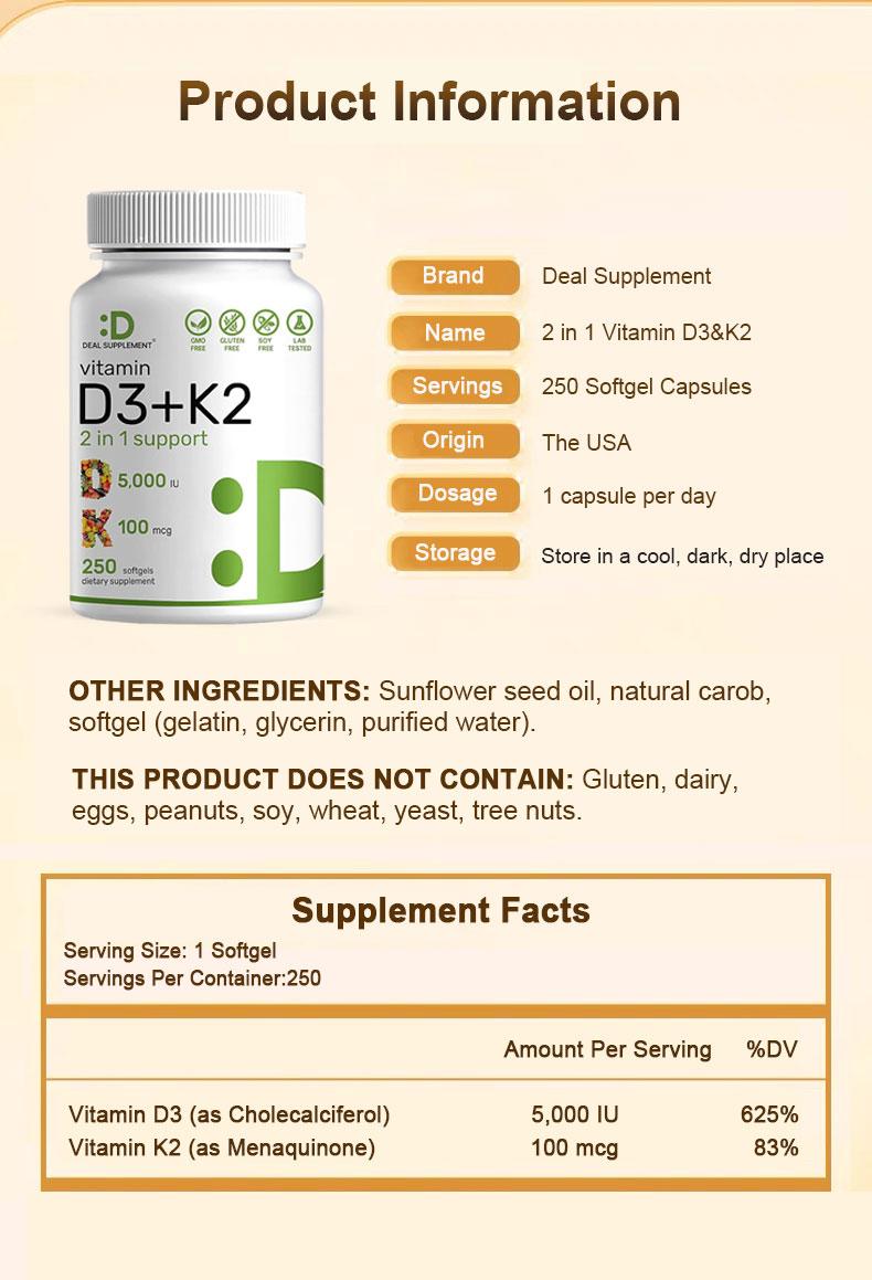 Deal Supplement Vitamin D3+K2 | Immune Support | Bone Health |  Healthcare Dietary | 250 Veggie Softgels Natural Flavors Gluten Free Effervescent Tablets Fitness Edible