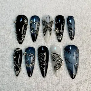 Black Butterfly Press On Nails, Gothic Punk Rock Nails, Goth Butterflies Y2K Fake Nails