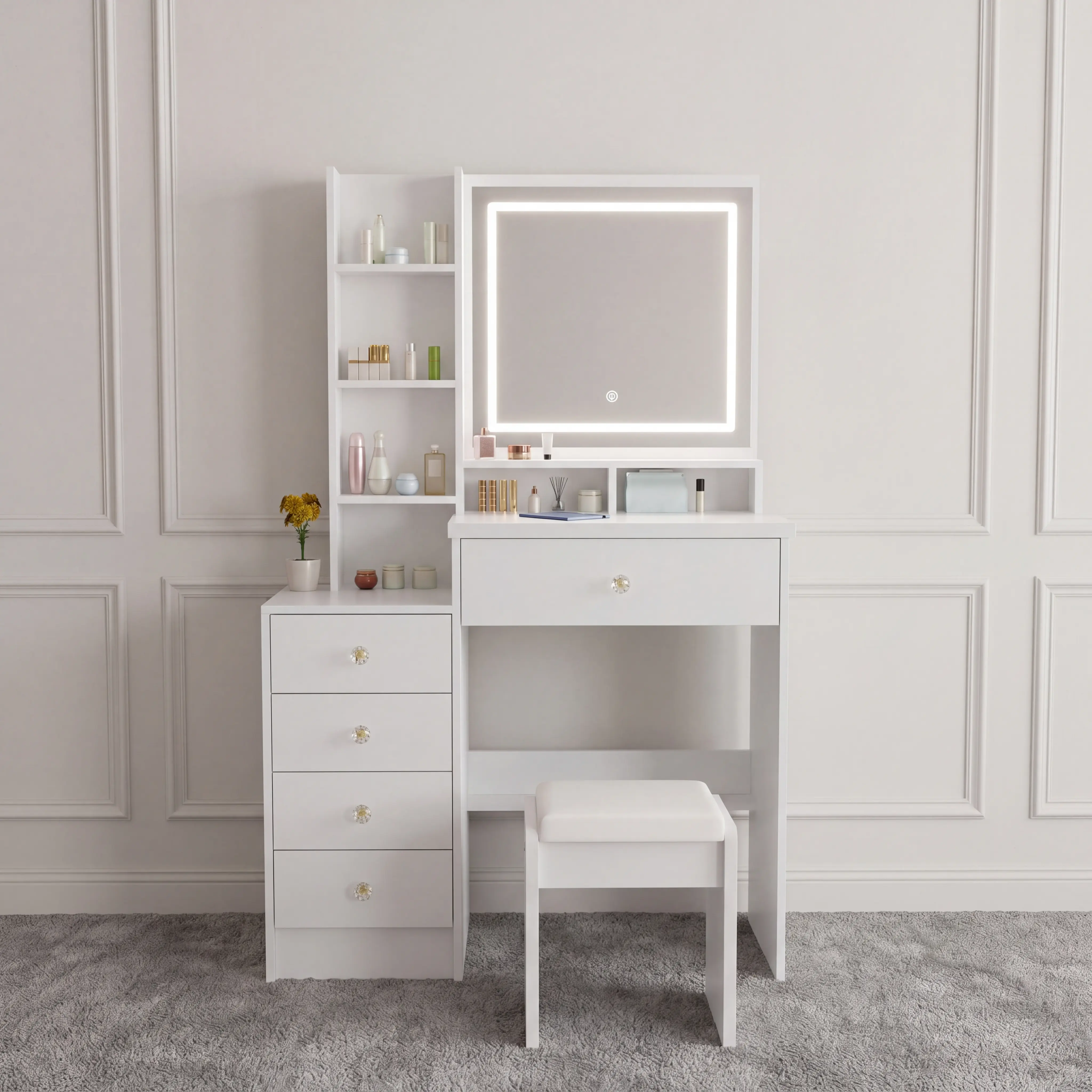 Wood Vanity Desk with Lights - Engineered Wood Makeup Vanity, Dressing Table with Mirror, 3 Adjustable Remote-Controlled LED Light Modes, High-Capacity Storage, Matching Chair, Bedroom Decor, Mother's Day Gift, Requires Assembly, Vanity With Mirror