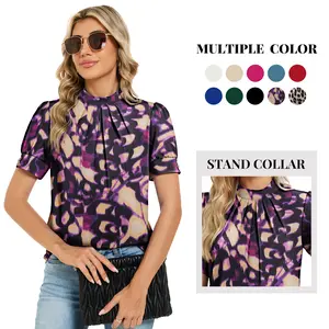 Funlingo Womens Dressy Casual Tops 2026 Short Puff Sleeve Blouses Mock Neck Pleated Shirt for Business Work