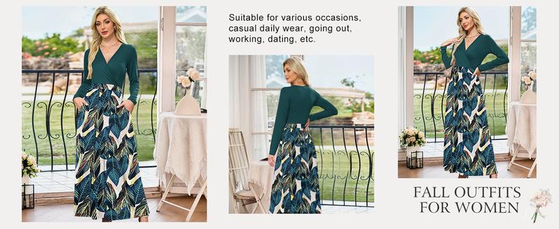AUSELILY Maxi Dresses for Women, Cross Vneck, Longsleeve Ankle Length Floral Print Flowy Dress with Pockets