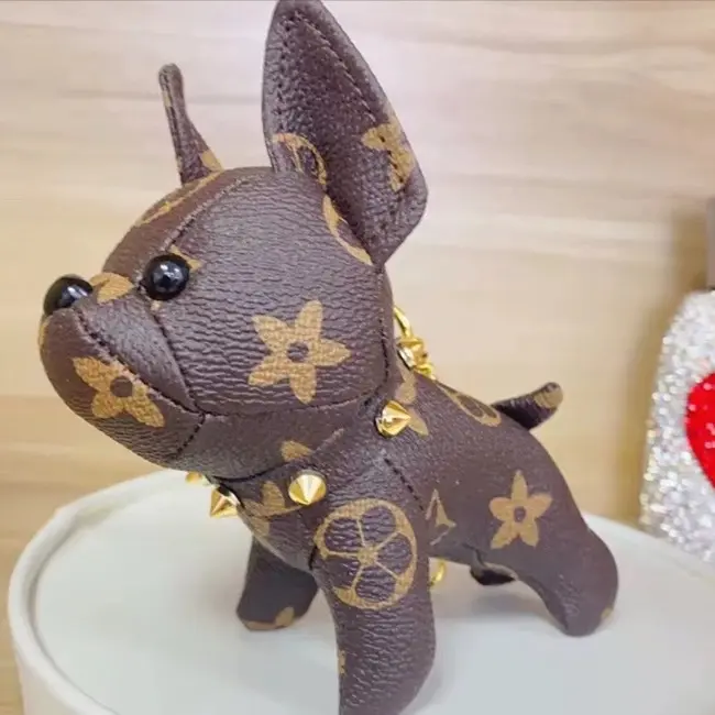 Premium Monogram Leather Puppy Bag Charm - French Bulldog Luxe Keychain Accessory for Bags, Keys, & Shelf Display