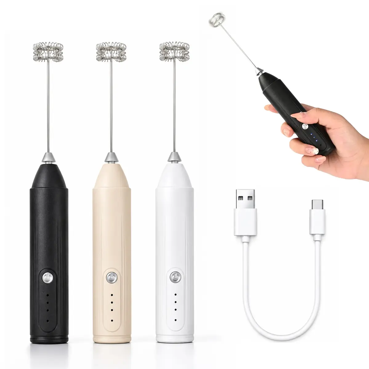 Handheld Electric Rechargeable Milk Frother - 3-Speed Motor, Stainless Steel Dual Coil Whisk Head, USB-C Charge Portable Mixer Wand for Coffee, Latte, Easy-Cleaning Household Appliance