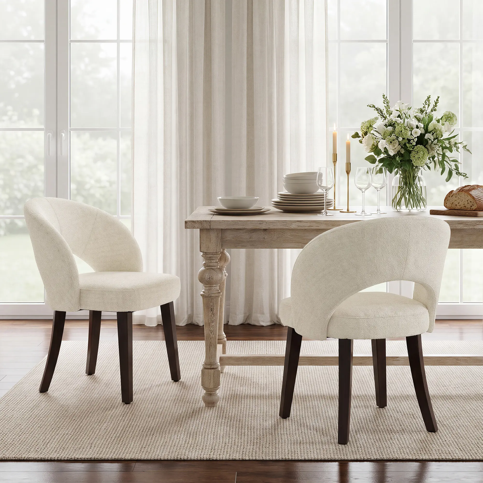 Dining Chairs Set of 2, Mid Century Modern Dining Chairs with Solid Wood Legs, Curved Back Kitchen Chair Farmhouse Side Upholstered Chairs for Kitchen Dining Room, White