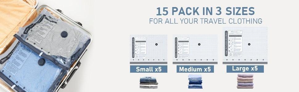 [2026 Upgraded] X7 Cordless Travel Vacuum Storage Compression Bag Set with Rechargeable air Pump 15 Pack Waterproof &Reusable Compression Packing Bags for 3Size, 140L/Min Powerful Air Removal,Perfect for Carry-On Suitcases