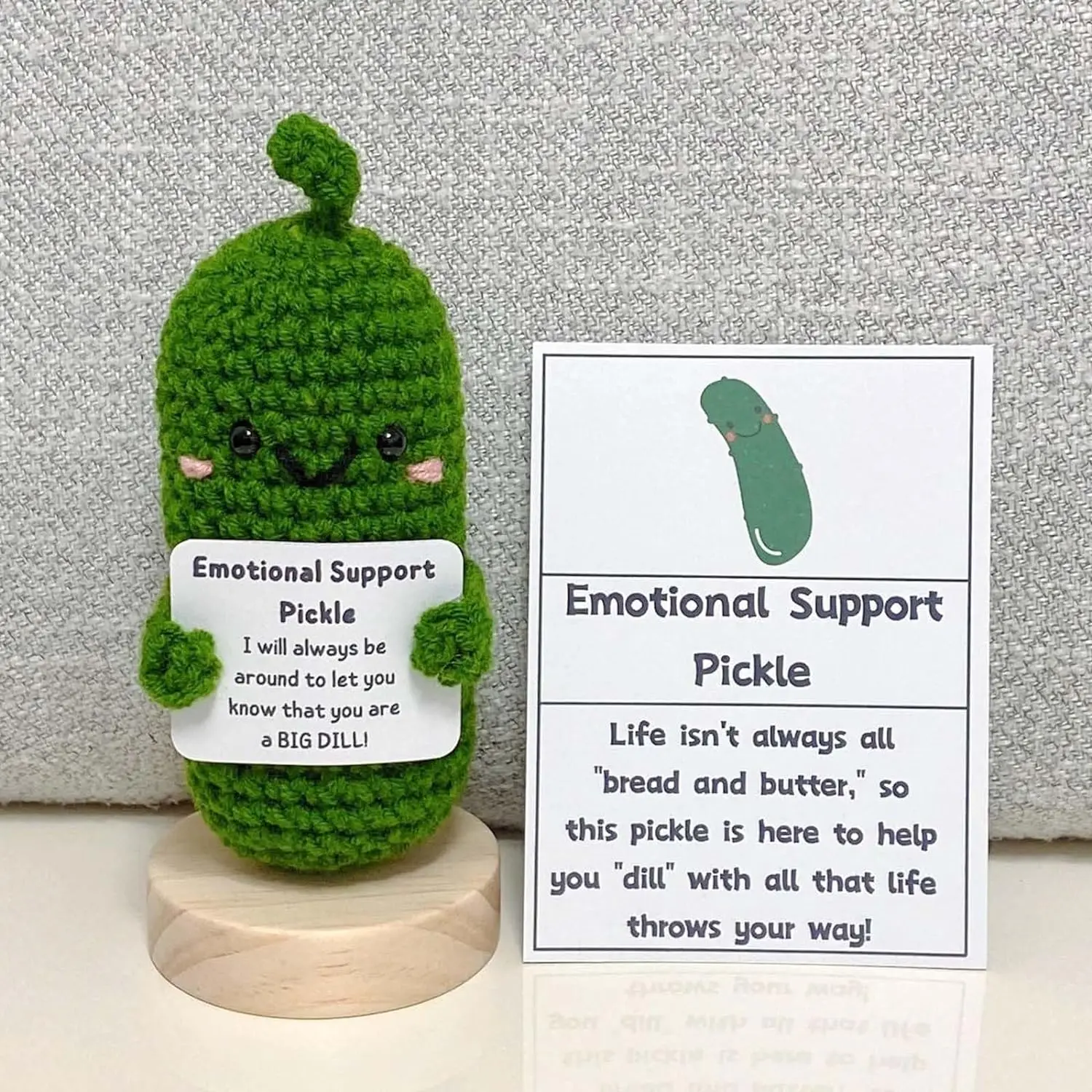 Handmade Emotional Support Pickle and Cucumber Crochet Dolls with Wooden Base – Encouraging and Heartwarming Decor, Ideal Gift for Mother's Day, Valentine's Day, Father's Day, and Birthdays