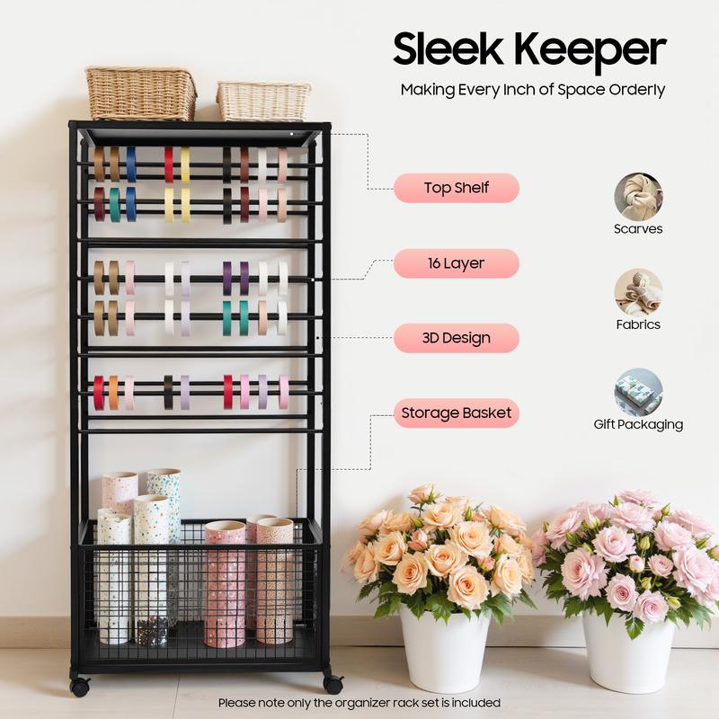 Industrial 16 Tier Double Sided Rolling Craft Rack with Locking Wheels for Ribbon Fabric Scarf Storage Display Organizer Heavy Duty Metal Shelving Unit Black White Freestanding