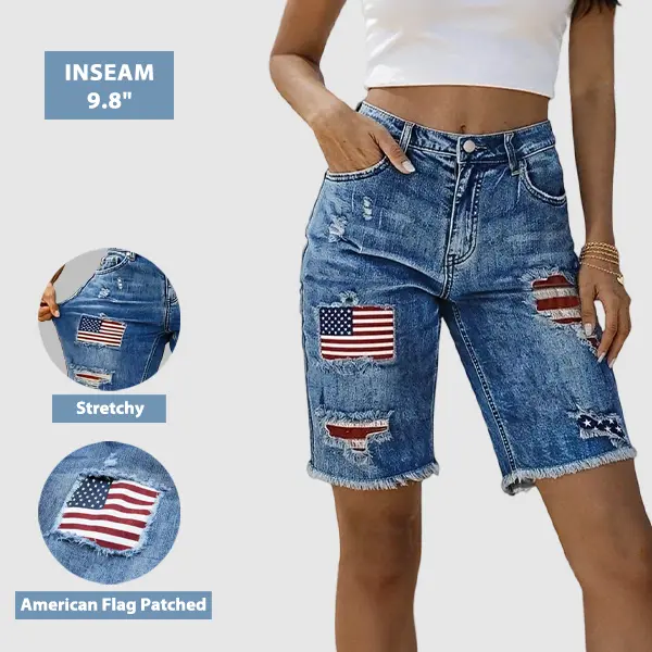 Flamingals American Flag Patched Ripped Raw Hem Mid Rise Denim Bermuda Shorts Womenswear Stretchy 9.8" Inseam Flamingals American Flag Patched Ripped Raw Hem Mid Rise Denim Bermuda Shorts Womenswear Stretchy 9.8" Inseam