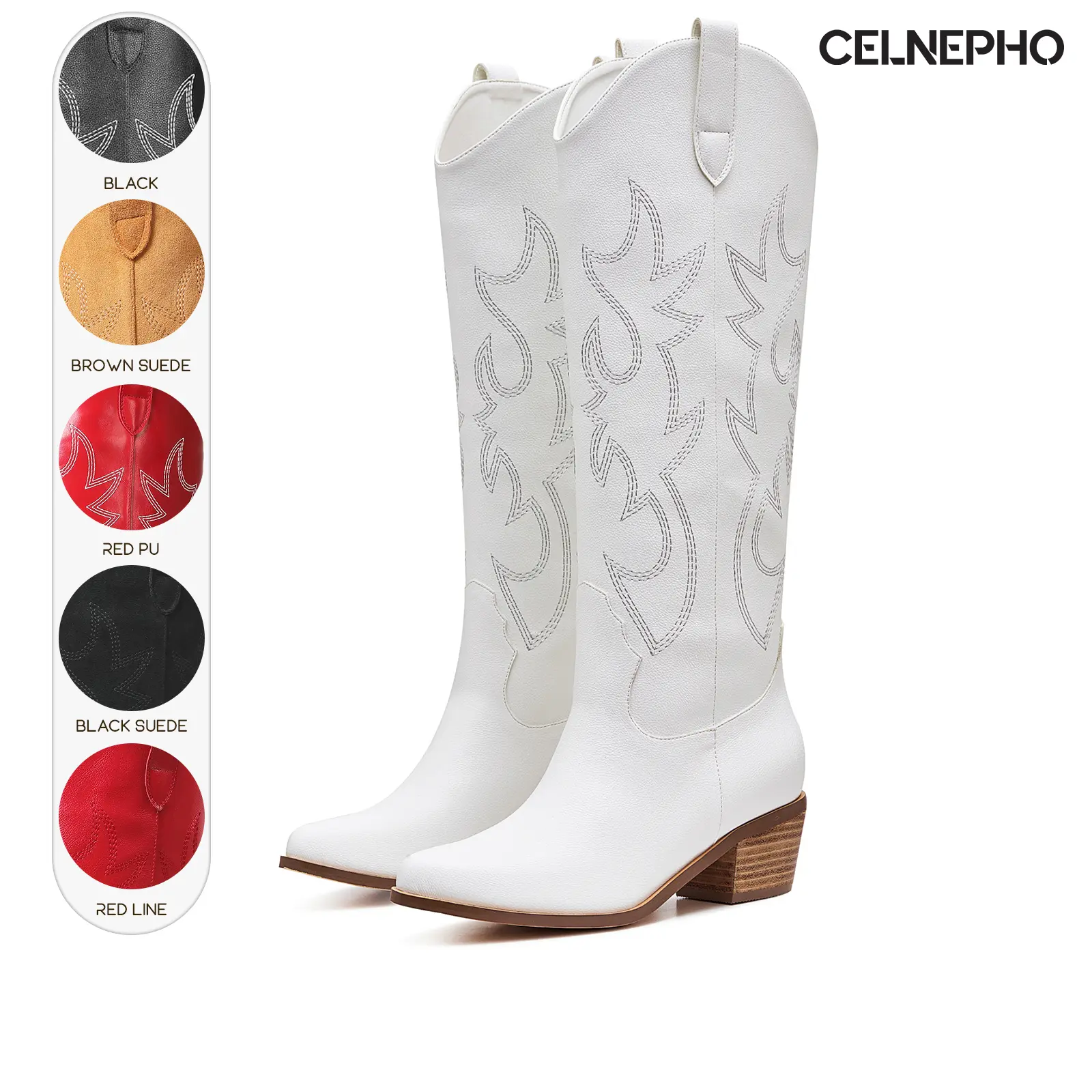 CELNEPHO Womens Cowboy Boots Pointed Toe Chunky Block Heels Classic Embroidered Comfy Easy Pull on Long Tall Fashion Knee High Boot Horse Riding Party Work Casual Wear Festival Nightclub Vacation Counrty Wedding Trendy Western Cowgirl Dressy Fall Shoes