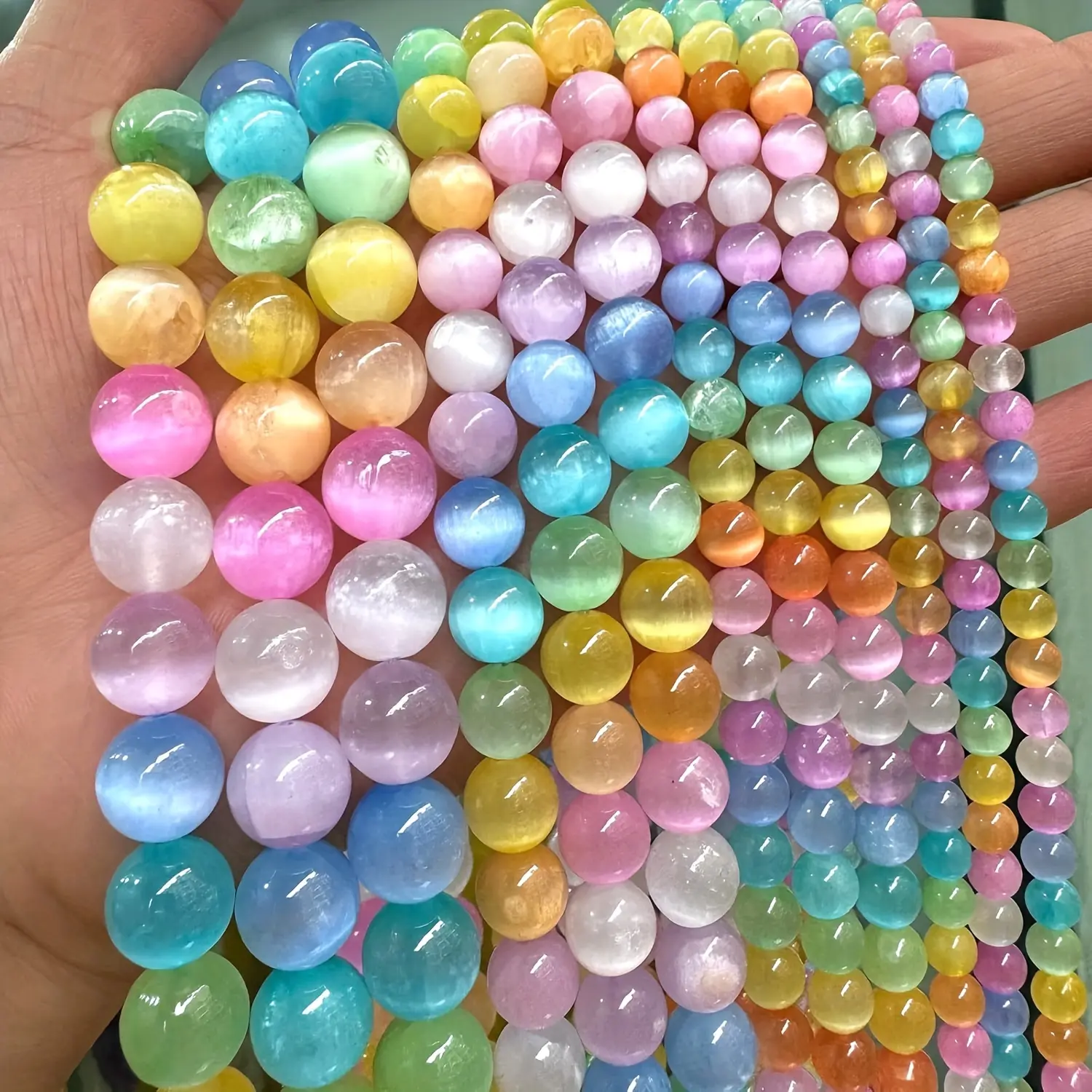 6/8/10mm Round Colorful Macaron Gradient Cat's Eye Beads with Natural Selenite Spacer Beads, DIY Beading & Jewelry Making Supplies for Bracelets, Necklaces, Summer Vibes Crafts, Colorful Beads, Round Beads