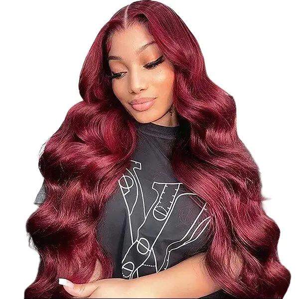 30" 99J Burgundy Body Wave Human Hair Lace Front Wigs 13x6 HD Lace Pre Plucked Glueless Wine Red Colored Wigs For Women Rich Burgundy Color Lightweight Breathable Long-Lasting Styling Versatility