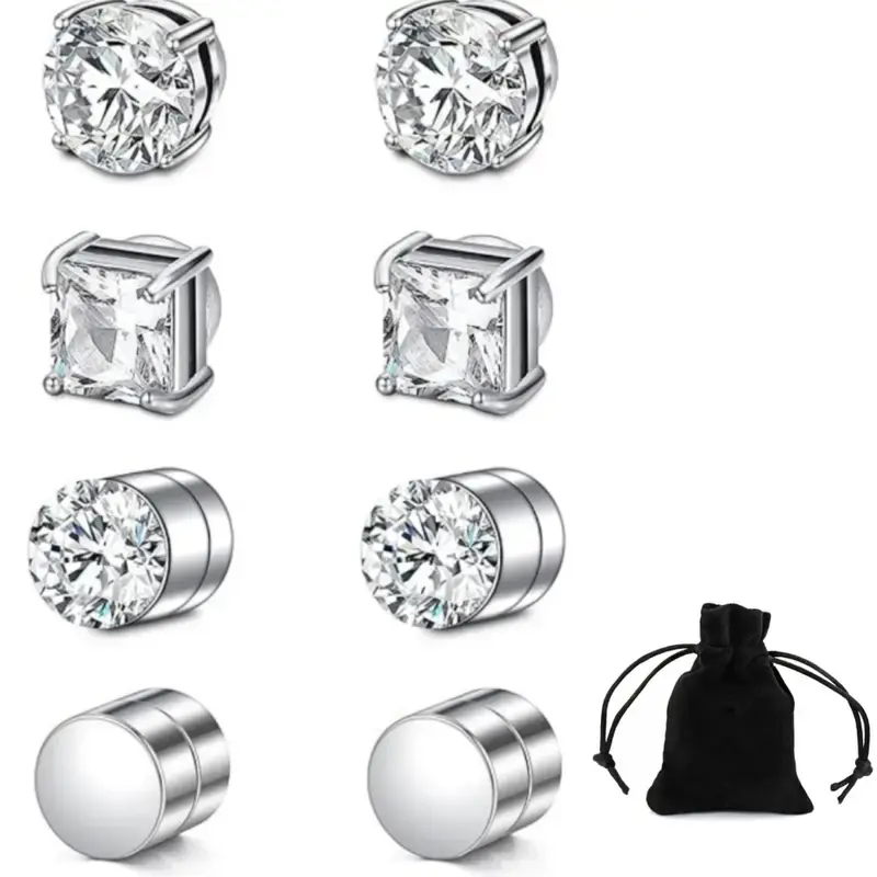 4 Pairs Stud Earrings Fake Cubic Zirconia Diamond Earrings for Women Men Silver summervibes