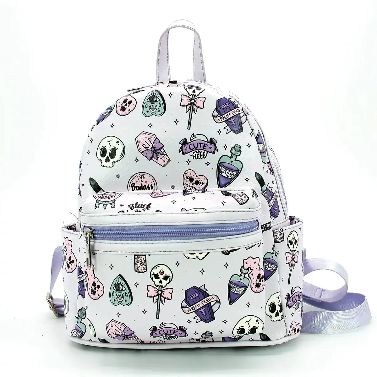 Women's Gothic Casual Mini Backpack, Spooky Motif, Faux Leather with Vinyl Surface, Multiple Pockets, Charm Accents, Zipper Lock, Casual Backpack, Gothic Backpack