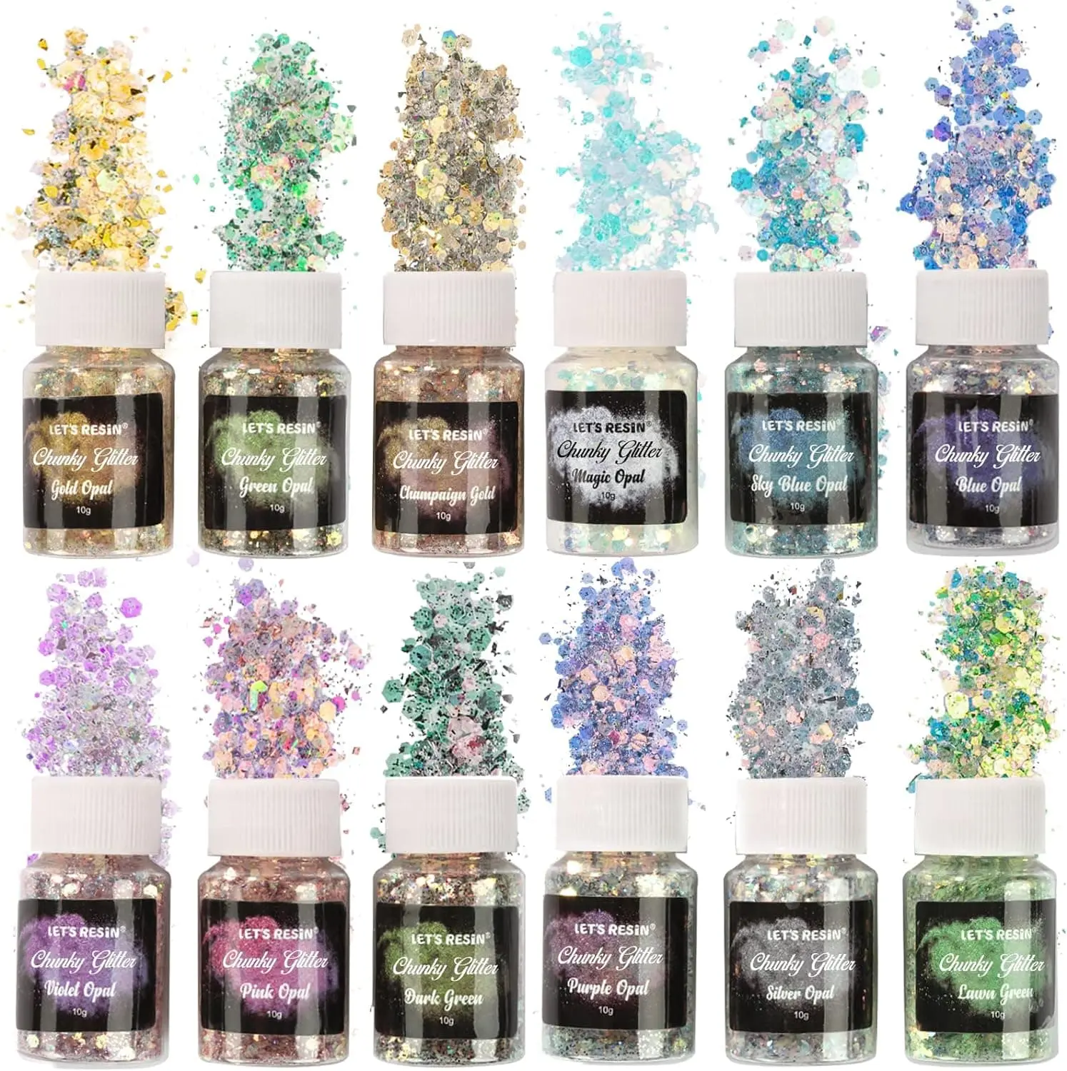 LET'S RESIN Opal Chunky Glitter for Resin, 12 * 10g Craft Glitter Powder for Tumblers/Slime/Nail/Soap/Candle, Iridescent Chameleon Glitter Sequins Festival Decor(Each 0.35oz)