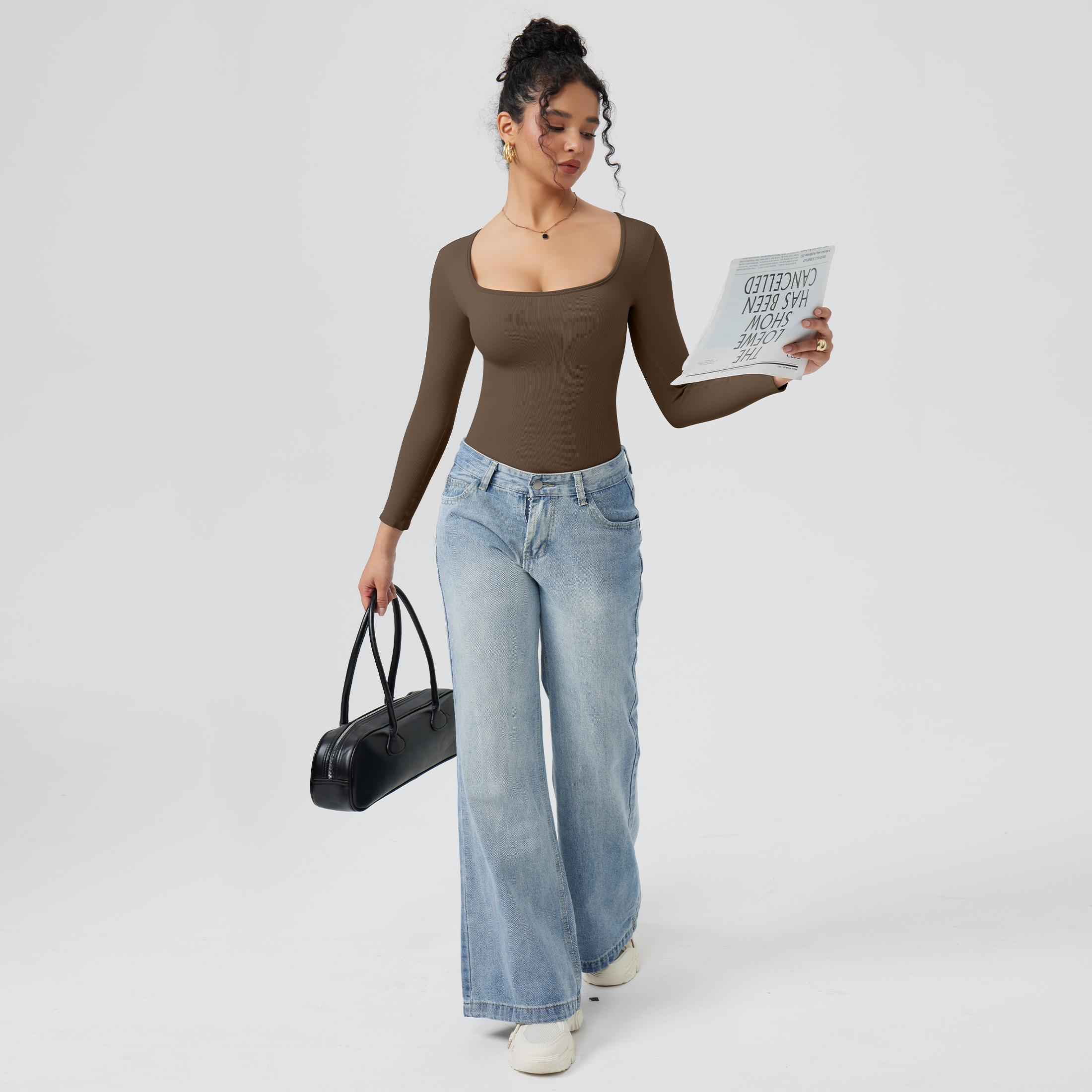 OQQ Womens 2 Piece Bodysuits Long Sleeve Square Neck Stretch Fitted Bodysuits Basic SpringStatements