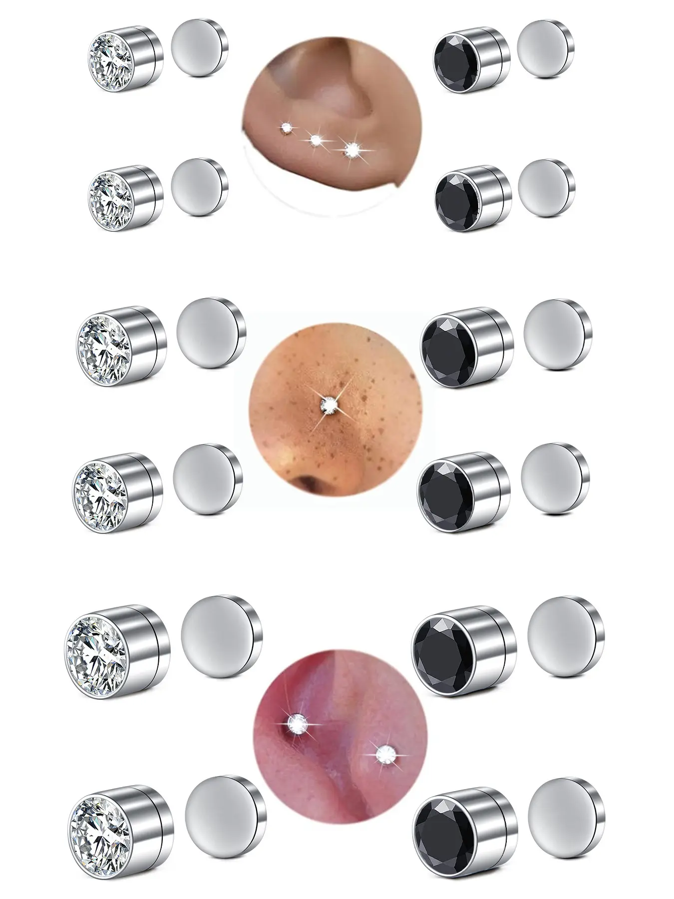 Magnetic Earring Studs Nose Studs Fake Nose Studs Ear Clips with Multicolor Cubic Zirconia, Clip On Earrings Stainless Steel No Need Piercing Fake Nose Rings Earring Jewelry Punk Jewelry Non Piercing Jewelry