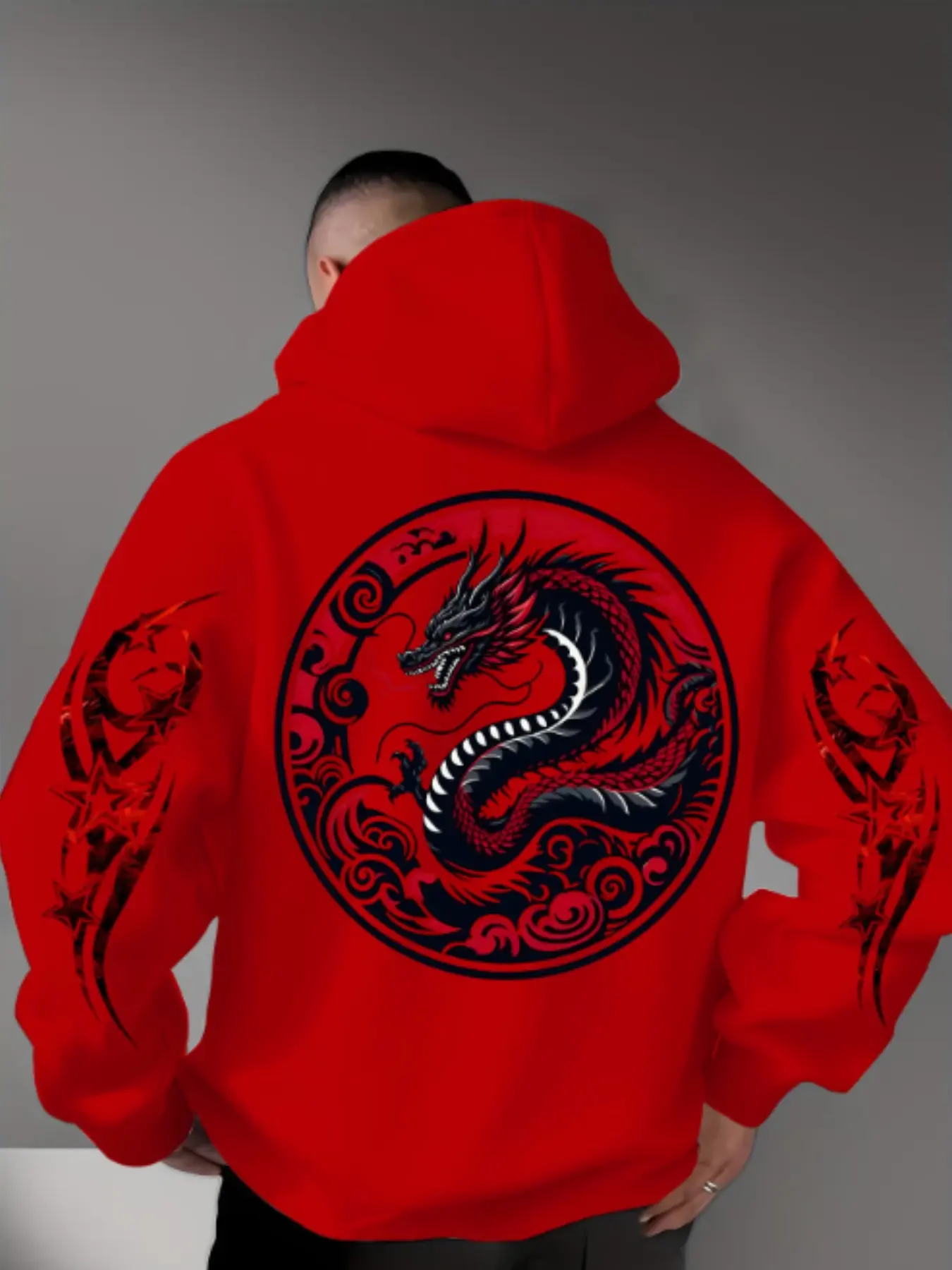 Men's Dragon God Seal Print Hoodie, Sweatshirts, Soft Stretch Knit Fabric, Casual Fitted Design, All Seasons Wear, Fun Style Essential, Graphic Sweatshirts