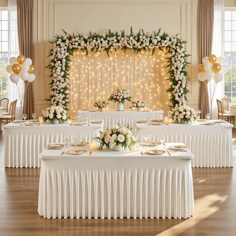 2 Pack Spandex Christmas Tablecloths for 4/6/8FT Rectangle Tables Stretch Wrinkle-Free Table Covers with Skirt for Holiday Parties Weddings & Banquets