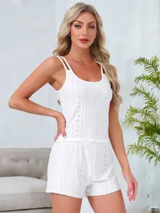 INSPIRE CHIC Women's Pointelle Pajama Sleepwear Solid Camisole Tops with Shorts Double Strap Loungewear Sets
