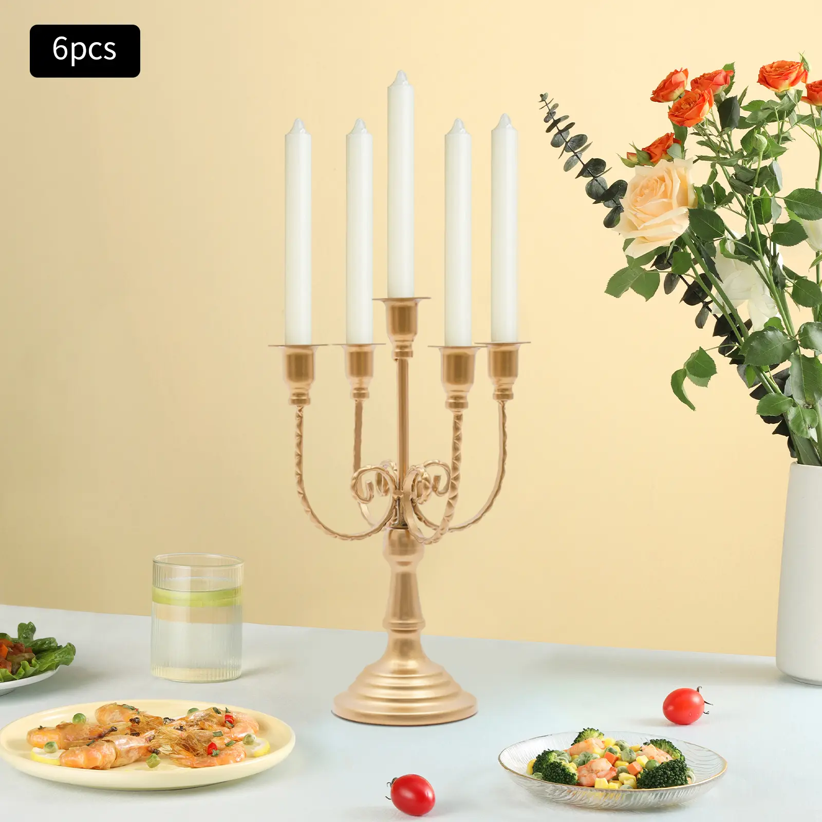CNCEST Sturdy 6-Piece Metal Candle Holders Set - 3/5-Arm Retro Iron Candelabra, 11.8in Casual Elegant Tea Light Stand for Wedding, Engagement, Anniversary Business Home Decor Table Centerpiece