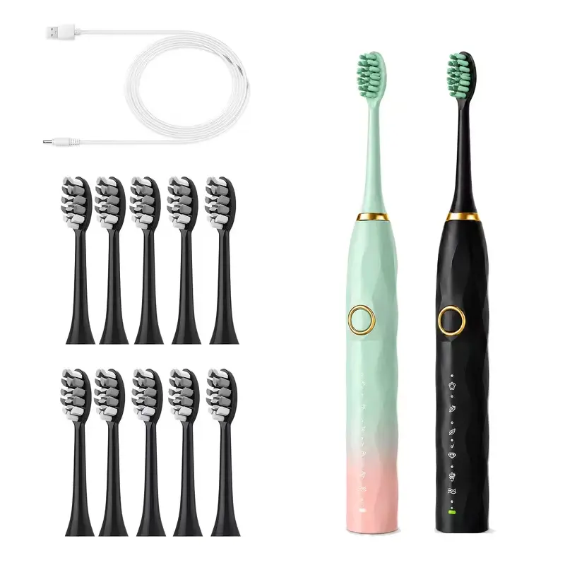 IPX8 Waterproof Oral Electric Toothbrush Set, USB Rechargeable Couple Gift, Metal Shaft, Intelligent Timer, 10 Antibacterial Replaceable Brush Heads, 5 Color Options