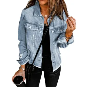 EVALESS Women's Casual Short Jean Jackets Non Stretch Distressed Ripped Boyfriend Washed Coats Lapel Long Sleeve Denim Jacket Outwear Tops 2026 Womenswear Spring Winter Outfits