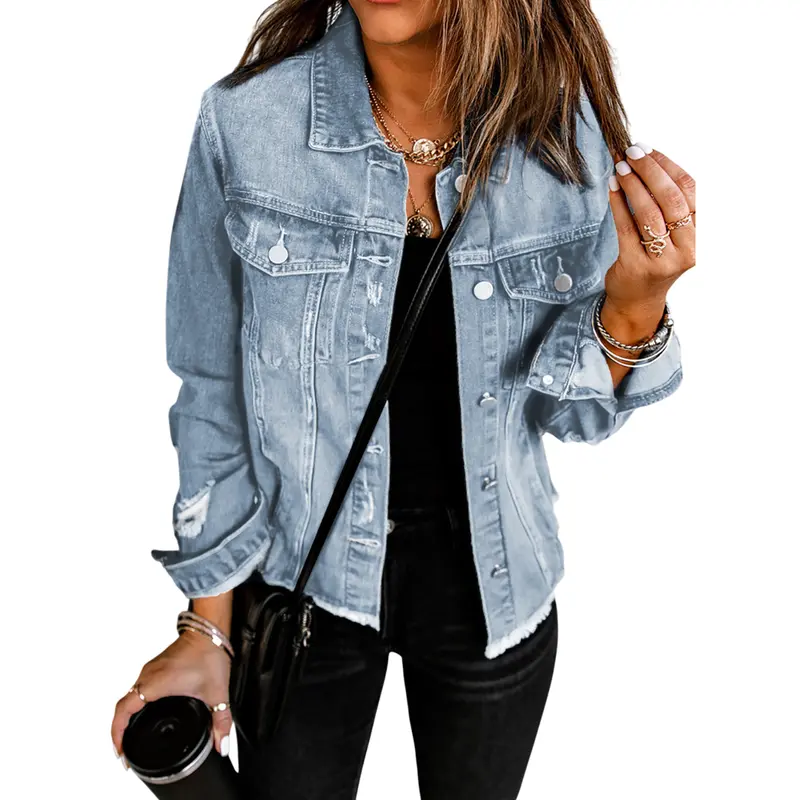 EVALESS Lady's Fitted Cotton Women's Denim Jacket - Casual Short, Non-Stretch, Distressed Ripped Boyfriend Washed, Lapel Long Sleeve Outwear, Stylish Women's Clothes for Spring Winter Back to School