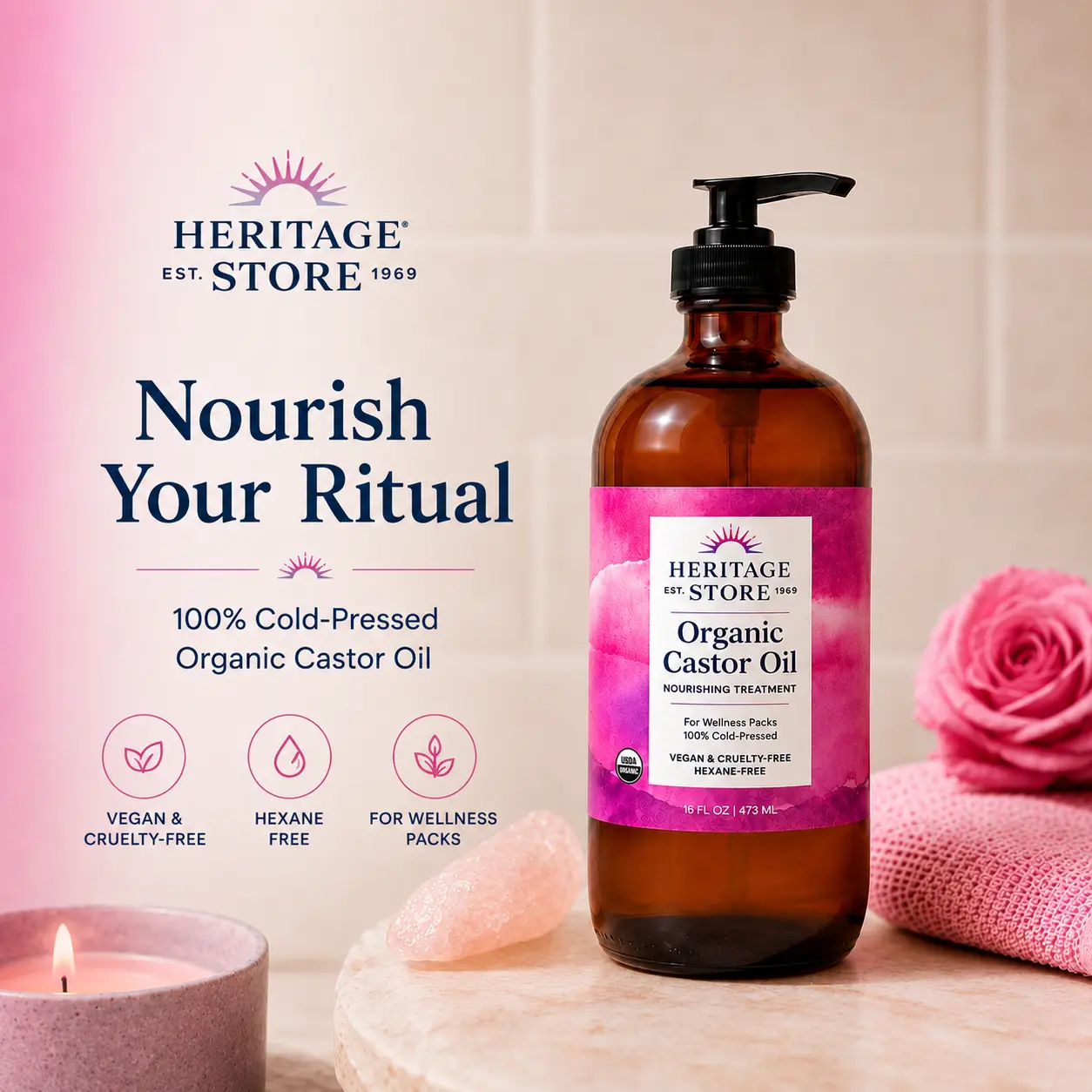 Heritage Store Organic Castor Oil - Nourishing Beauty Products, Wellness Body Moisturizer, Selfcare Treatment (16oz + Pump Now Available)