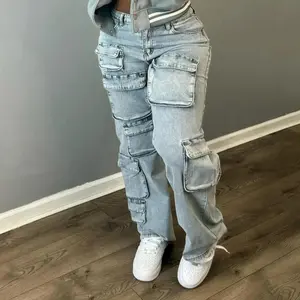 2026 New Arrival Fashion Baggy Cargo Pants Women High Waist Blue Multi Pockets Ladies Jean Trousers